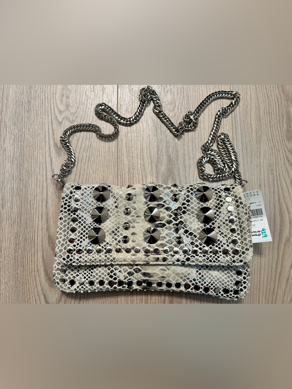 Be & D Studded Snake-Print Crossbody Bag in Cream and Black